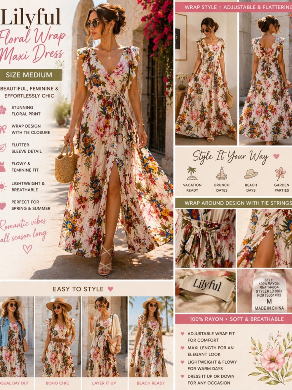 Lily Floral Wrap Maxi Dress in Cream with Pink & Green Bouquet